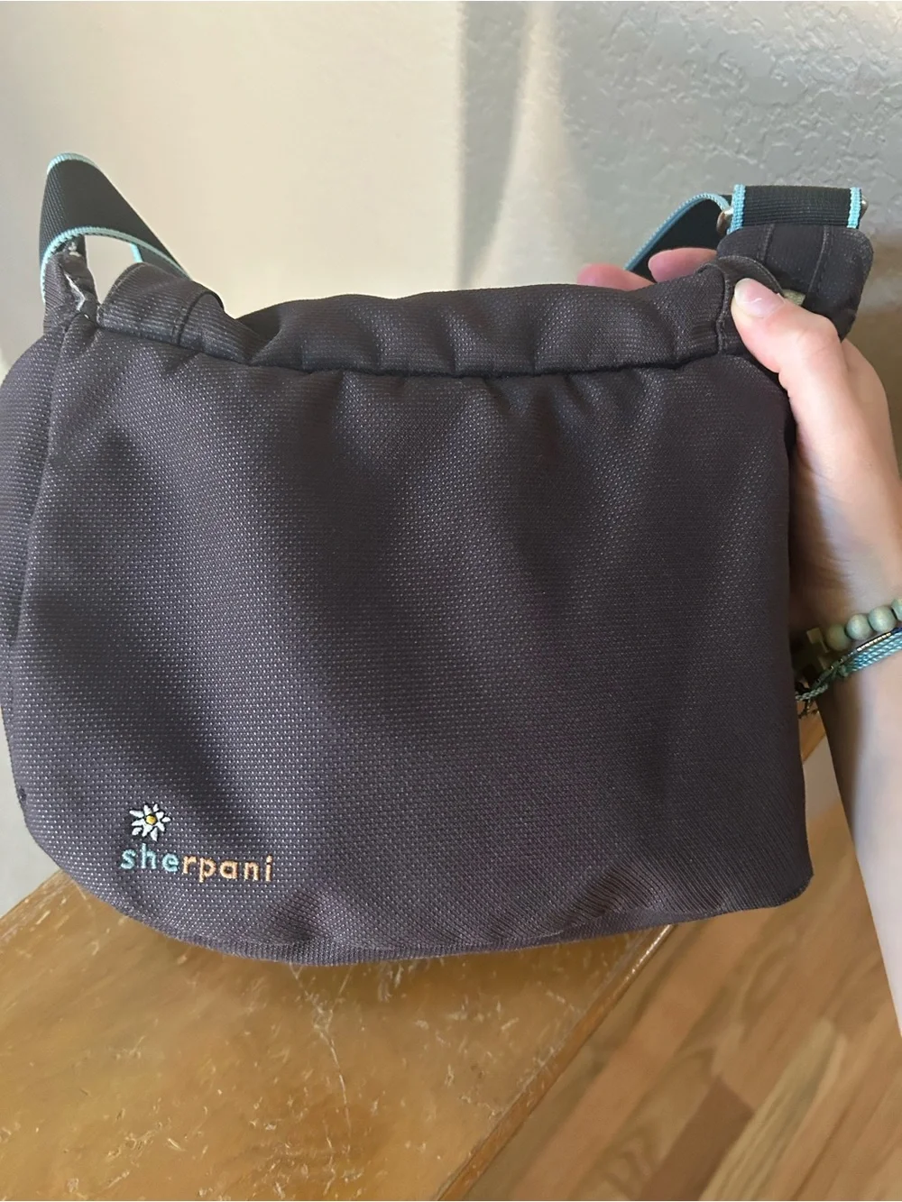 Sherpani Brown Crossbody Shoulder Bag with Teal and White Trim With Wallet